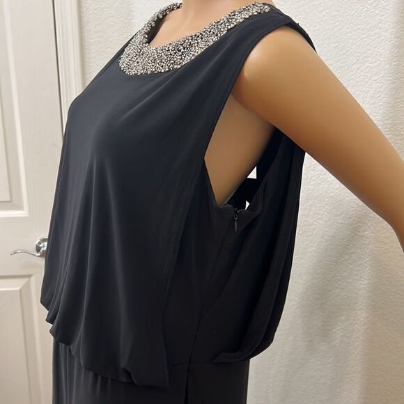 R & M Richards Black Dress Diamond Beaded Neck Maxi Side Zipper - Picture 5 of 14